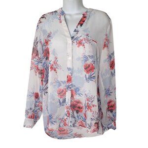 Kut From The Kloth‎ Women M White Chiffon Floral Long Tab Sleeve Blouse sheer